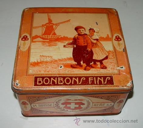 Bo&icirc;tes et petites bo&icirc;tes m&eacute;talliques: ANTIGUA CAJA DE HOJALATA LITOGRAFIADA G. DE ANDREIS DE BADALONA CON PUBLICIDAD DE BONBONS FINS - LA