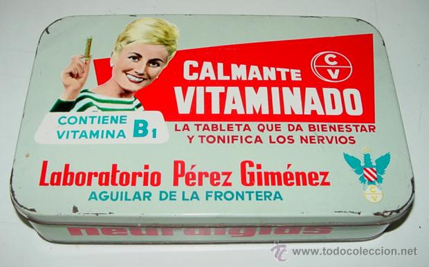 Bo&icirc;tes et petites bo&icirc;tes m&eacute;talliques: ANTIGUA CAJA DE HOJALATA LITOGRAFIADA CON PUBLICIDAD DE CALMANTE VITAMINADO - LABORATORIO PEREZ GIME