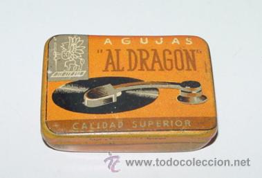 Bo&icirc;tes et petites bo&icirc;tes m&eacute;talliques: ANTIGUA CAJA DE HOJALATA LITOGRAFIADA CON PUBLICIDAD DE ALDRAGON - AGUJAS PARA FONOGRAFOS - Mide 4,5