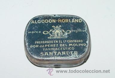 Bo&icirc;tes et petites bo&icirc;tes m&eacute;talliques: ANTIGUA CAJA DE HOJALATA LITOGRAFIADA CON PUBLICIDAD DE ALGODON HORLAND - PREPARADO POR J.J. PEREZ D