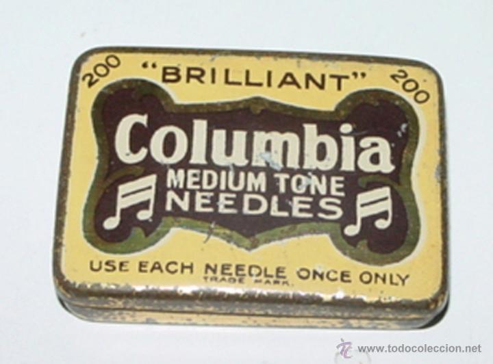Bo&icirc;tes et petites bo&icirc;tes m&eacute;talliques: ANTIGUA CAJA DE HOJALATA LITOGRAFIADA CON PUBLICIDAD DE COLUMBIA MEDIUM TONE - NEEDLES - MIDE 4,7 X