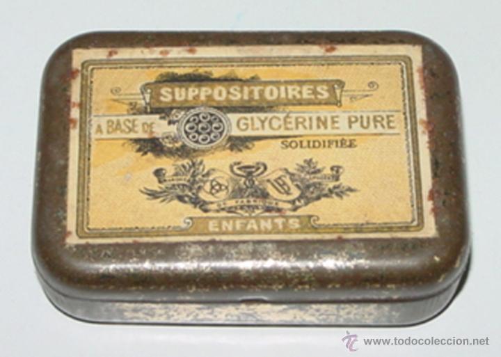 Blechdosen und Kisten: Antigua caja de hojalata litografiada con publicidad de Suppositoires a base de Glycerine Pure - far