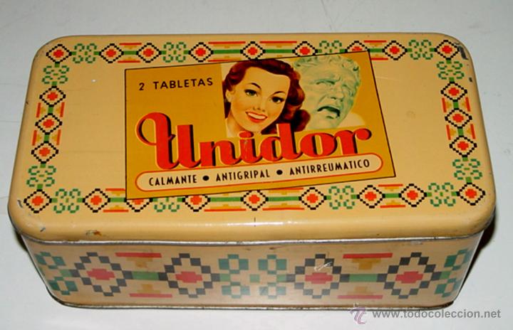 Caixas e caixinhas met&aacute;licas: ANTIGUA CAJA DE HOJALATA LITOGRAFIADA CON PUBLICIDAD DE UNIDOR - FARMACIA - CALMANTE ANTIGRIPAL - AN