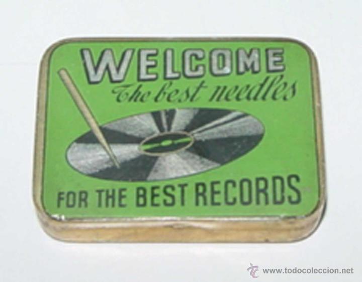 Bo&icirc;tes et petites bo&icirc;tes m&eacute;talliques: ANTIGUA CAJA DE HOJALATA CON PUBLICIDAD DE WELCOME THE BEST NEEDLES - FOR THE BEST RECORDS - MIDE 4,