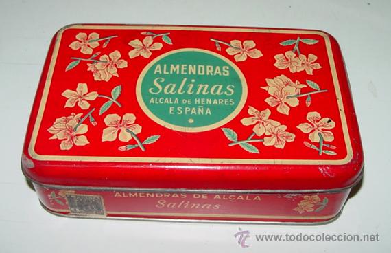 Bo&icirc;tes et petites bo&icirc;tes m&eacute;talliques: ANTIGUA CAJA DE HOJALATA LITOGRAFIADA CON PUBLICIDAD DE ALMENDRAS SALINAS - ALCALA DE HENARES - MIDE