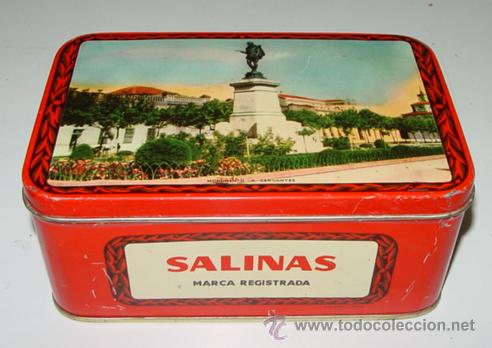 Blechdosen und Kisten: ANTIGUA CAJA DE HOJALATA LITOGRAFIADA CON PUBLICIDAD DE ALMENDRAS SALINAS - ALCALA DE HENARES - MIDE
