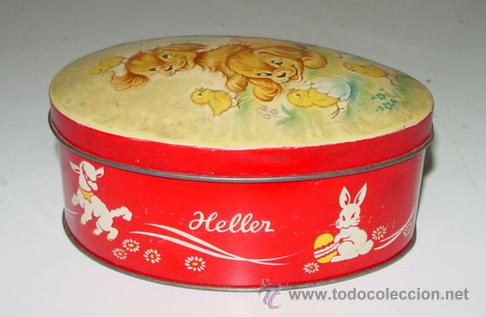 Bo&icirc;tes et petites bo&icirc;tes m&eacute;talliques: ANTIGUA CAJA DE HOJALATA LITOGRAFIADA CON PUBLICIDAD DE CARAMELOS HELLER ITALIA - MIDE 14,8 CMS. DE