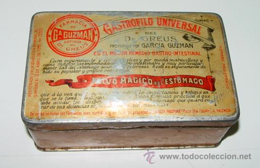 Blechdosen und Kisten: ANTIGUA CAJA DE HOJALATA LITOGRAFIADA CON PUBLICIDAD DE GASTROFILO UNIVERSAL - FARMACIA DE Ga. GUZMA