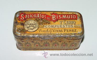 Bo&icirc;tes et petites bo&icirc;tes m&eacute;talliques: Antigua caja de hojalata con publicidad de farmacia - salicatos de Bismuto y Cerio - mide 8,5 x 4 x