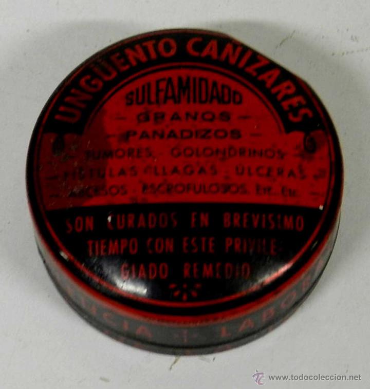 Blechdosen und Kisten: ANTIGUA CAJITA DE HOJALATA LITOGRAFIADA CON PUBLICIDAD DE FARMACIA - UNGUENTO CA&Ntilde;IZARES, GRANOS PANA