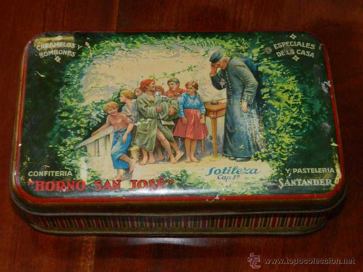 Bo&icirc;tes et petites bo&icirc;tes m&eacute;talliques: ANTIGUA CAJA DE HOJALATA LITOGRAFIADA CON PUBLICIDAD DE Confiteria y pasteler&iacute;a Horno San Jos&eacute;, Sant