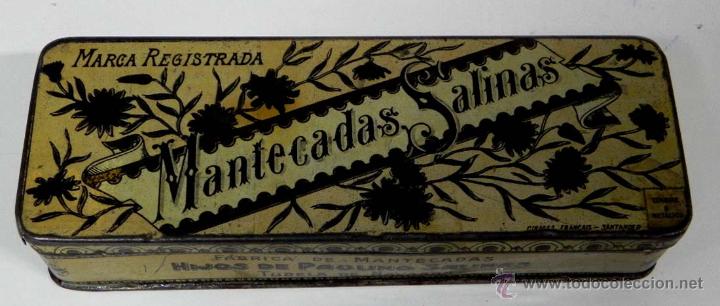 Blechdosen und Kisten: Antigua caja de hojalata litografiada con publicidad de Mantecadas Salinas, Tudela de Navarra, mide
