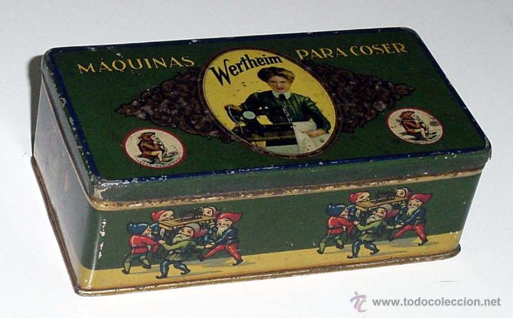 Caixas e caixinhas met&aacute;licas: ANTIGUA CAJA DE HOJALATA LITOGRAFIADA CON PUBLICIDAD DE WERTHEIM . MAQUINAS PARA COSER - MIDE 15,5 X