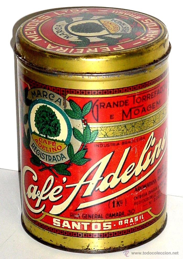 Bo&icirc;tes et petites bo&icirc;tes m&eacute;talliques: ANTIGUA CAJA DE HOJALATA LITOGRAFIADA CON PUBLICIDAD DE CAFE ADELINO, MIDE 17,5 DE ALTURA Y 13 CMS D