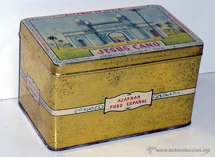Bo&icirc;tes et petites bo&icirc;tes m&eacute;talliques: ANTGIUA CAJA DE DE HOJALATA LITOGRAFIADA CON PUBLICIDAD DE JESUS CANO, AZAFRAN, ESPINARDO (MURCIA),