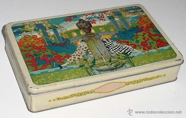 Bo&icirc;tes et petites bo&icirc;tes m&eacute;talliques: ANTIGUA CAJA DE HOJALATA LITOGRAFIADA CON ILUSTRACIONES MODERNISTAS, FABRICADA POR INDUSTRIAS METALI