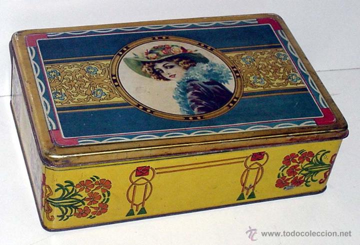 Blechdosen und Kisten: ANTIGUA CAJA DE HOJALATA LITOGRAFIADA CON ILUSTRACION DE MUJER, MODERNISTA, LIT. MANUEL ALEMAN, MURC