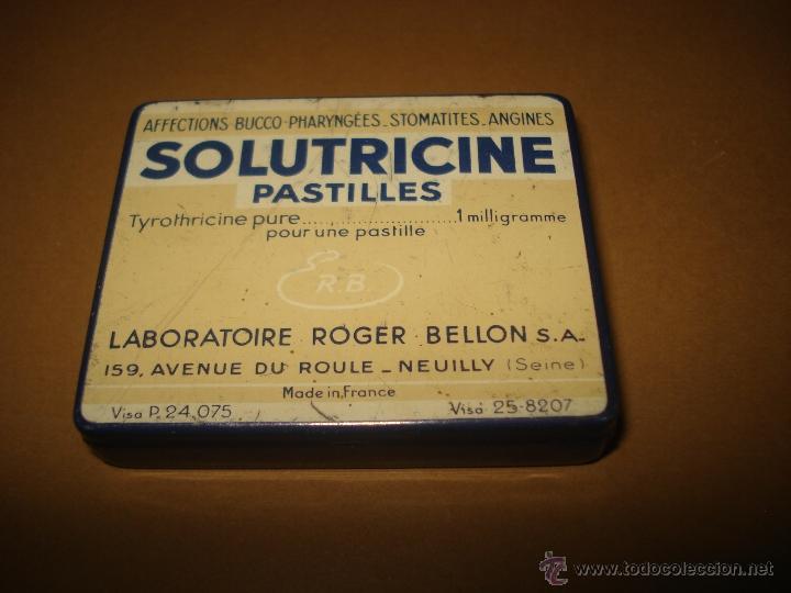 Bo&icirc;tes et petites bo&icirc;tes m&eacute;talliques: Antigua Cajita en Hojalata Litografiada de Pastillas SOLUTRICINE para Anginas de Roger Bell&oacute;n