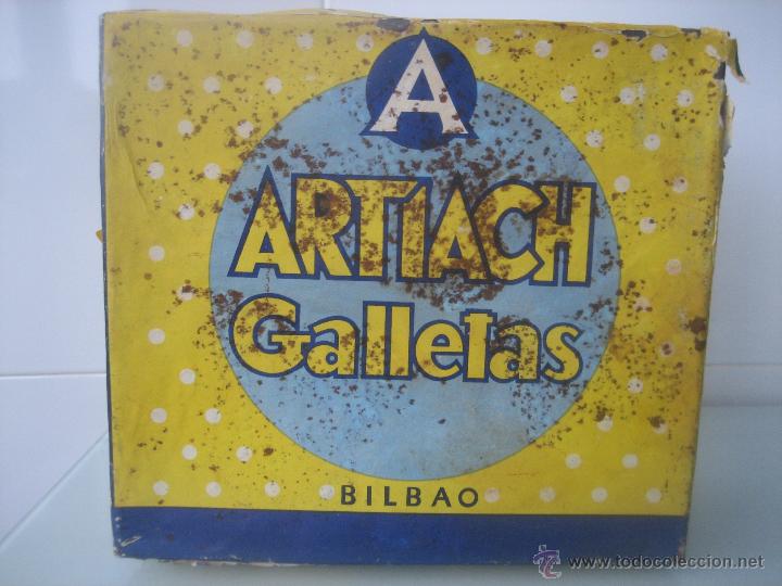 Boxes and metal boxes: ANTIGUA CAJA DE LATA FORRADA EN PAPEL LITOGRAFIADO DE GALLETAS ARTIACH A&Ntilde;O 1959 EN BILBAO
