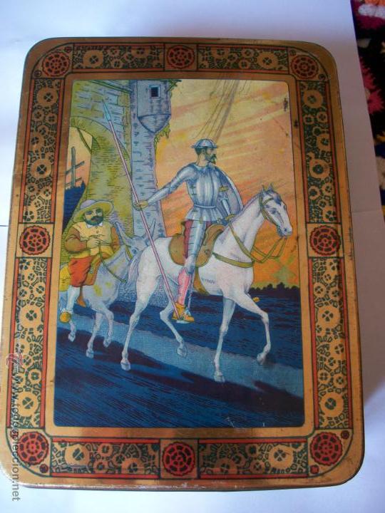 Cajas y cajitas met&aacute;licas: caja de hojalata, con litografia de don quijote de la mancha a&ntilde;os 40