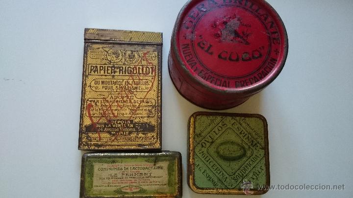Bo&icirc;tes et petites bo&icirc;tes m&eacute;talliques: CUATRO CAJAS DE LATA PUBLICIDAD VARIADA VER DETALLE.- y una mas de regalo LITHINES DU DTR.GUSTIN