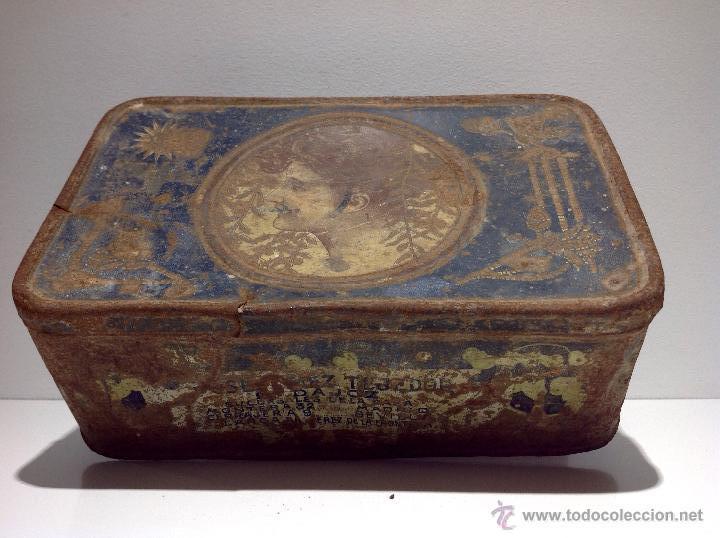 Casse e cassette metalliche: ANTIGUA CAJA DE HOJALATA CON PUBLICIDAD DE JOS&Eacute; G&Oacute;MEZ TEJEDOR ,BADAJOZ