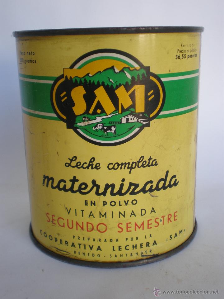 Cajas y cajitas met&aacute;licas: Bote leche *SAM* semi-descremada en polvo vitaminada-A&Ntilde;O 1965-PRIMER SEMESTRE-LETRAS SAM EN AMARILLO