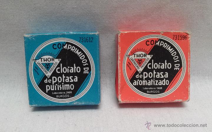 Bo&icirc;tes et petites bo&icirc;tes m&eacute;talliques: LOTE DE 2 CAJAS DE COMPRIMIDOS DE CLORATO DE POTASIO CON COMPRIMIDOS E INDICACIONES
