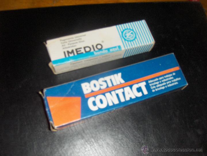Cajas y cajitas met&aacute;licas: 2 TUBOS DE PEGAMENTO, IMEDIO BANDA AZUL Y BOSTIK CONTACT.