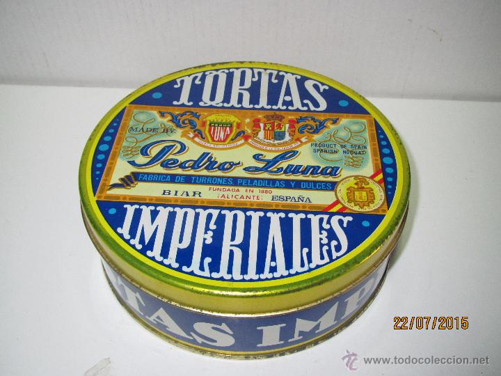 Blechdosen und Kisten: Antigua Caja en Chapa Litografiada de Tortas Imperiales PEDRO LUNA de BIAR Alicante - A&ntilde;o 1950-60s.