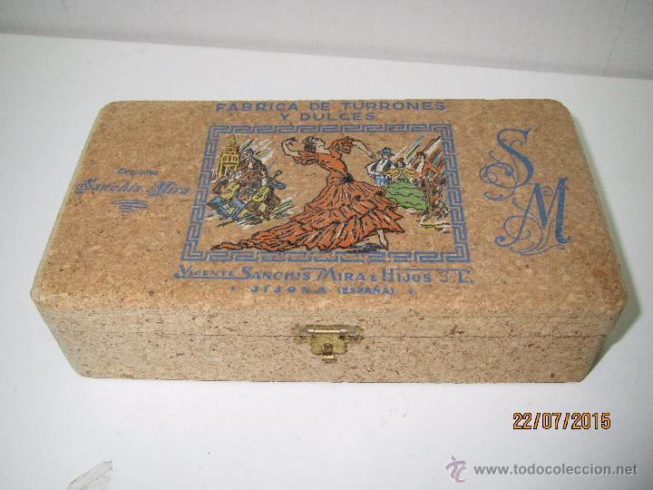 Cajas y cajitas met&aacute;licas: Antigua Caja Estuche de Corcho de Turrones VICENTE SANCH&Iacute;S MIRA e Hijos de JIJONA - A&ntilde;o 1950-60s.