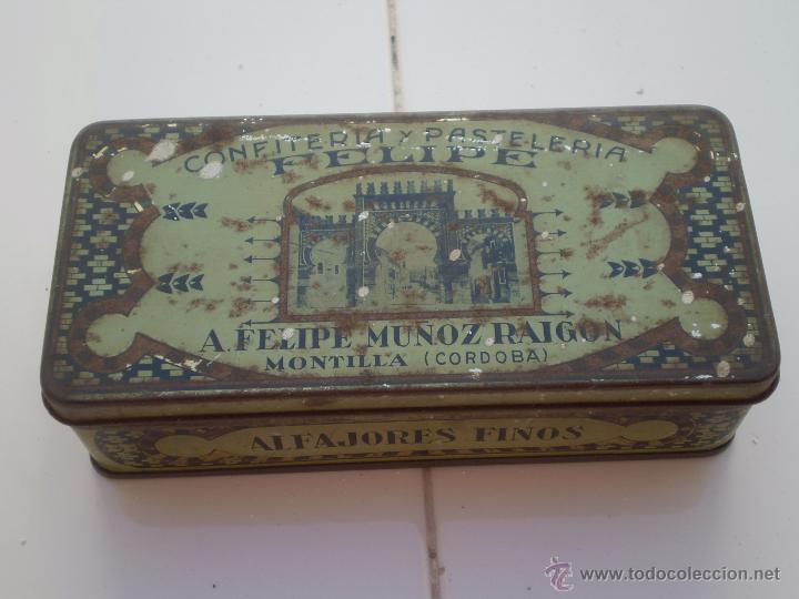 Cajas y cajitas met&aacute;licas: ANTIGUA LATA CONFITERIA PASTELERIA.FELIPE MU&Ntilde;OZ RAIGON.ALFAJORES FINOS.MONTILLA.CORDOBA,A&Ntilde;OS 30