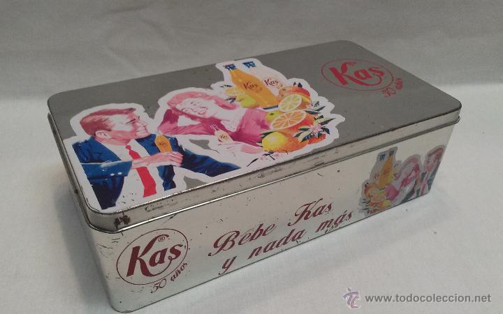 Bo&icirc;tes et petites bo&icirc;tes m&eacute;talliques: CAJA LATA METALICA VACIA - PROMOCIONAL PUBLICITARIA DE KAS DEL CINCUENTA ANIVERSARIO