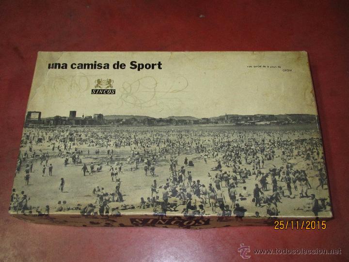 Cajas y cajitas met&aacute;licas: Antigua Caja Vacia de Camisa *SINCOS* con Vista Parcial de la Playa de Gij&oacute;n - A&ntilde;o 1960s.