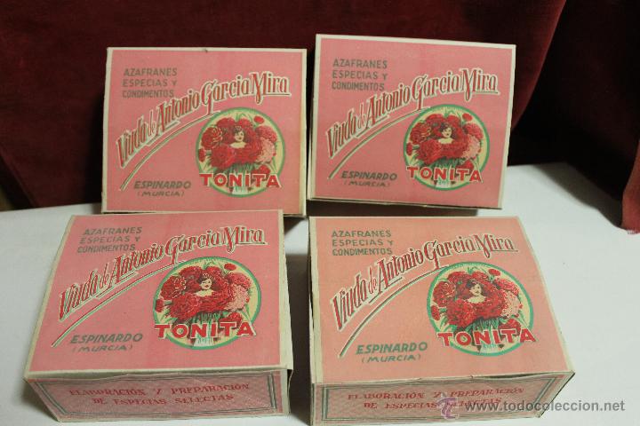 Cajas y cajitas met&aacute;licas: LOTE 4 CAJITAS DE CARTON PRODUCTOS TONITA, AZAFRANES, ESPECIAS, ESPINARDO, MURCIA