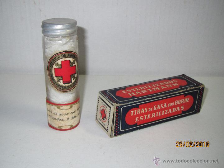 Cajas y cajitas met&aacute;licas: Antiguo Frasco en Caja Original de Tiras de Gasa Esterilizadas de Pablo Hartmann de Barcelona  1950s