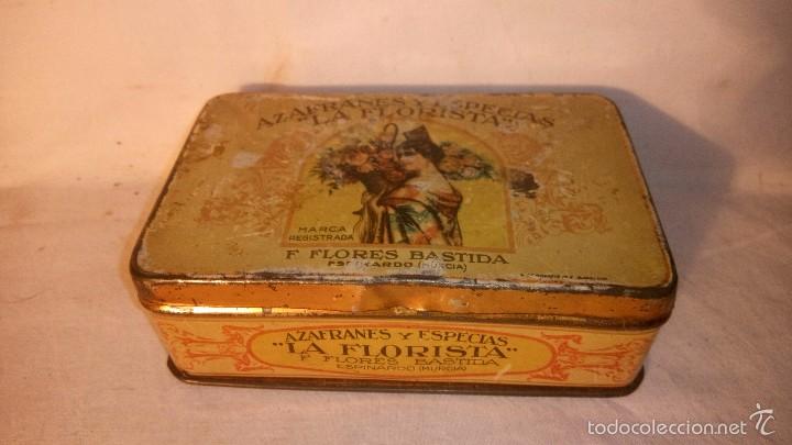 Cajas y cajitas met&aacute;licas: L950 ANTIGUA CAJA HOJA LATA LITOGRAFIADA AZAFRANES Y ESPECIAS LA FLORISTA - ESPINARDO MURCIA
