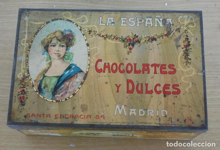 Blechdosen und Kisten: ANTIGUA LATA - LA ESPA&Ntilde;A - CHOCOLATE Y DULCES. SANTA ENGRACIA 86, MADRID.