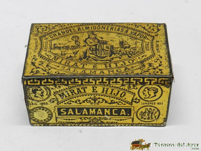 Caixas e caixinhas met&aacute;licas: ANTIGUA CAJA DE HOJALATA LITOGRAFIADA CON PUBLICIDAD DE GRANDES ALMIDONERIAS A VAPOR - MIRAT E HIJO,