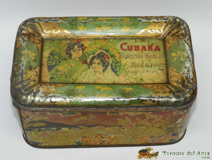 Casse e cassette metalliche: ANTIGUA CAJA DE HOJALATA LITOGRAFIADA CON PUBLICIDAD DE LA CUBANA. BADAJOZ. SEBASTIAN NICOLAS,  MIDE