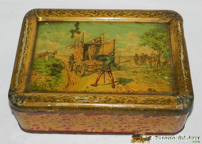 Cajas y cajitas met&aacute;licas: ANTIGUA CAJA DE HOJALATA LITOGRAFIADA DE DON QUIJOTE DE LA MANCHA - AVENTURA DE LOS LEONES. LITOGRAF