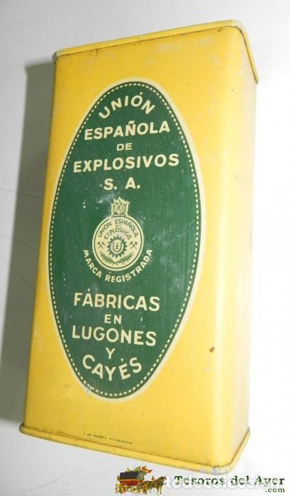 Caixas e caixinhas met&aacute;licas: CAJA DE HOJALATA LITOGRAFIADA CON PUBLICIDAD DE LA UNION ESPA&Ntilde;OLA DE EXPLOSIVOS, FABRICA EN LUGONES