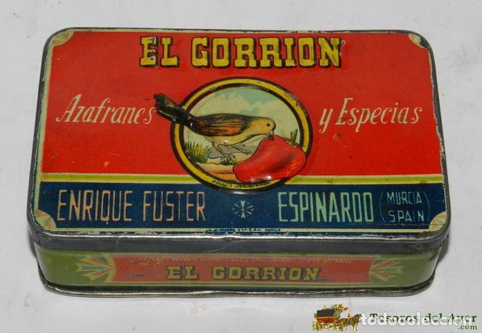 Blechdosen und Kisten: CAJA DE HOJALATA LITOGRAFIADA CON PUBLICIDAD EL GORRION, AZAFRANES Y ESPECIAS, ENRIQUE FUSTER, ESPIN