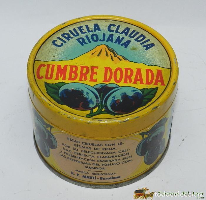 Blechdosen und Kisten: CAJA DE HOJALATA CON PUBLICIDAD DE CUMBRE DORADA DE CIRUELA CLAUDIA RIOJANA, R. P. MARTI, BARCELONA,