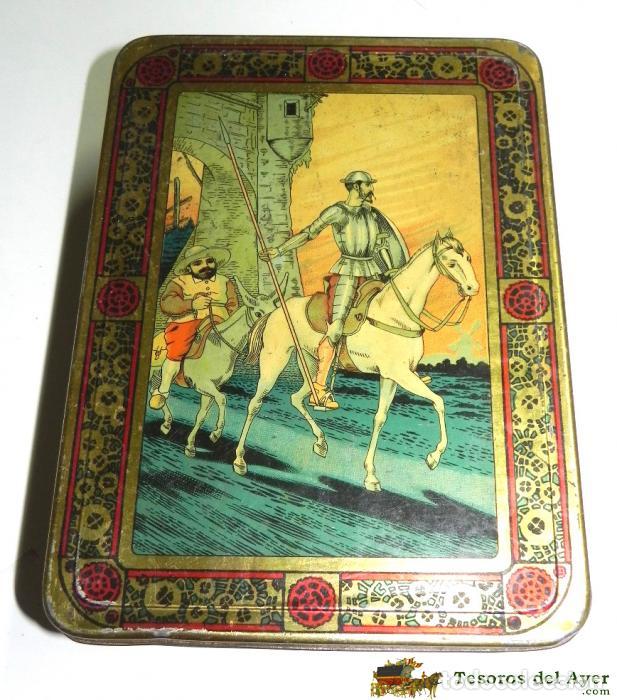 Cajas y cajitas met&aacute;licas: ANTIGUA CAJA DE HOJALATA LITOGRAFIADA CON PUBLICIDAD DE MEMBRILLO. EL QUIJOTE DE LA MANCHA - MIDE 27