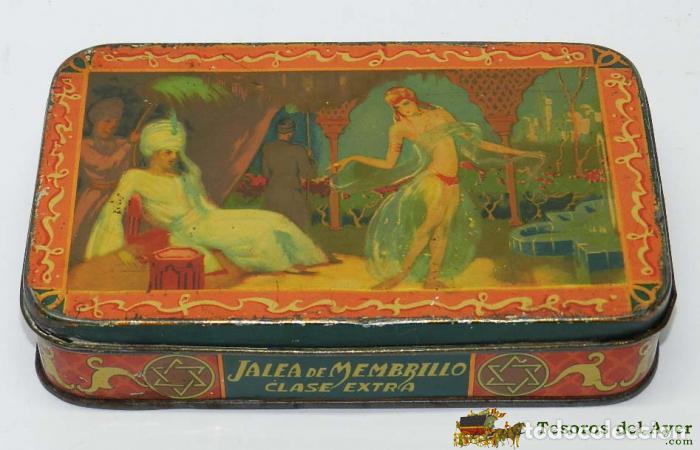Boxes and metal boxes: CAJA DE HOJALATA LITOGRAFIADA CON PUBLICIDAD DE JALEA DE MEMBRILLO, CLASE EXTRA, CON MOTIVOS ARABES,
