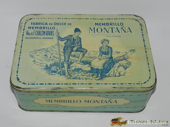 Casse e cassette metalliche: ANTIGUA CAJA DE HOJALATA LITOGRAFIADA CON PUBLICIDAD DE DULCE DE MEMBRILLO MONTA&Ntilde;A, ALHAURIN EL GRAN