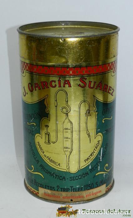 Casse e cassette metalliche: ANTIGUA CAJA DE HOAJALTA LITOGRAFIADA CON PUBLICIDAD DE FARMACIA A&Ntilde;OS 20, J. GARCIA SUAREZ, LABORATO