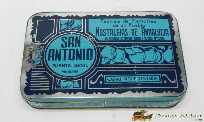 Casse e cassette metalliche: ANTIGUA CAJA DE HOJALATA CON PUBLICIDAAD DE SAN ANTONIO, MEMBRILLOS DE PUENTE GENIL, FABRICA DE MEMO
