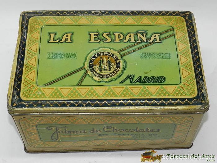 Casse e cassette metalliche: GRAN CAJA DE HOJALATAS DE CHOCOLATES LA ESPA&ntilde;A, MADRID, F&aacute;BRICA DE CHOCOLATES, STA. ENGRACIA 86, MID